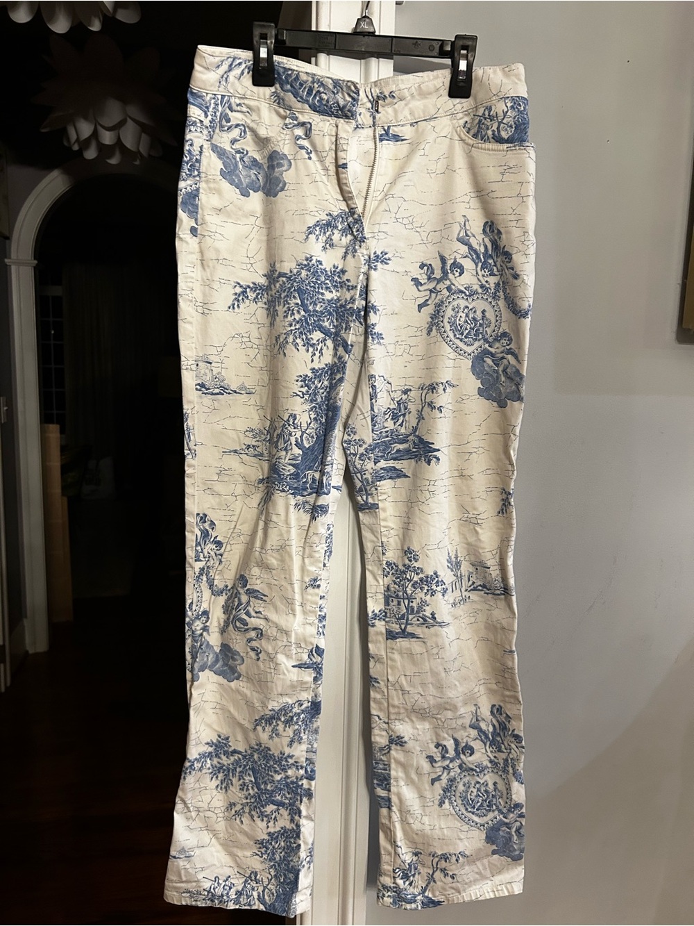 Escada Sport White Pants with Blue Toile Print - Flare Fit